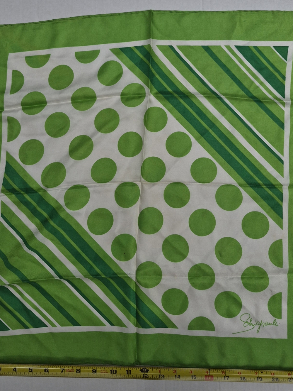 Vintage Green Polka Dot and Stripe Schiaparelli Silk Scarf